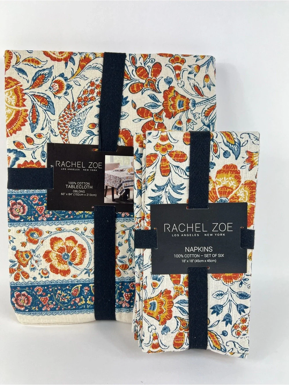 Rachel Zoe FALL Tablecloth 6 Napkins Blue Orange Cream Floral Birds 60 x 84 NEW